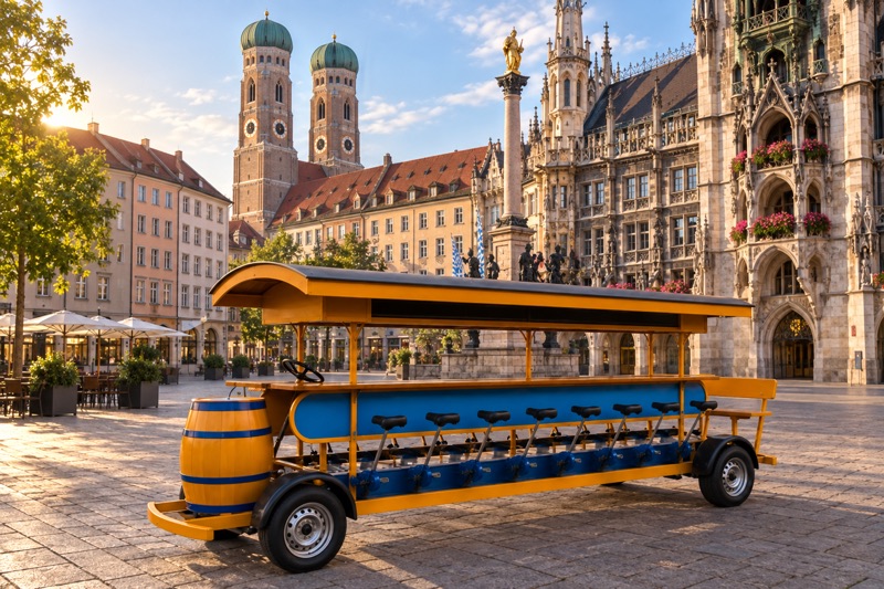Gelb-blaues Bierbike vor Münchner Altstadtkulisse mit Frauenkirche